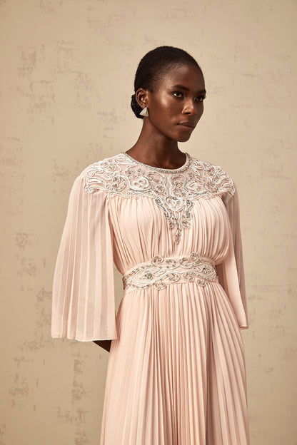 Théa pink crystal full-pleat midi dress
