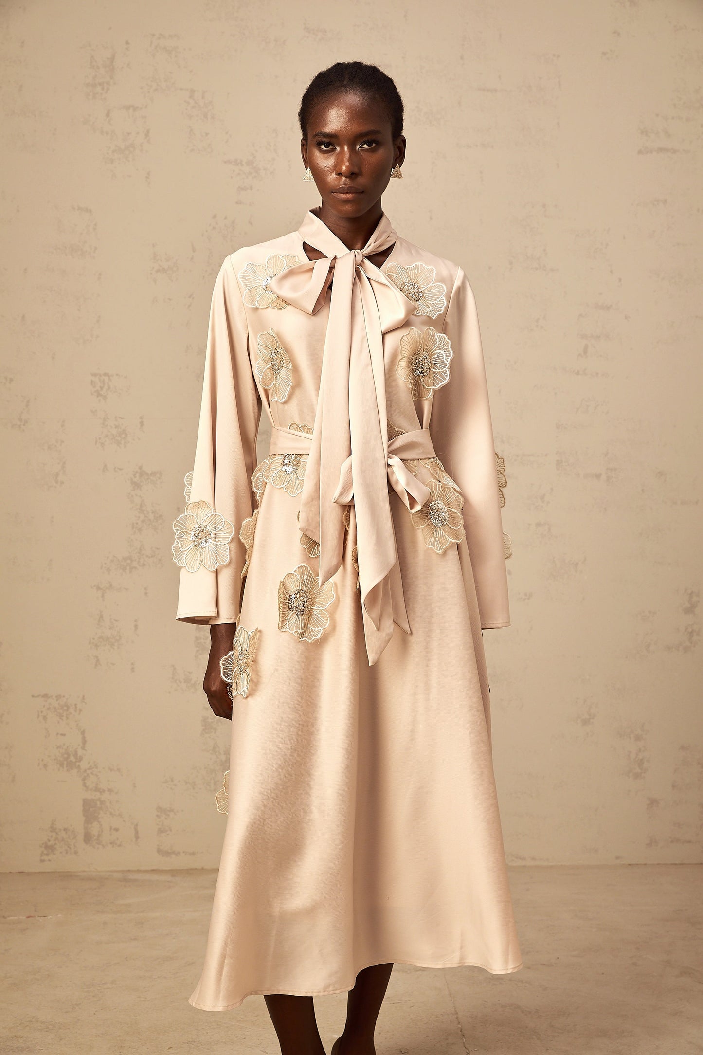 Orane tied floral-applique flared midi dress in Neutrals