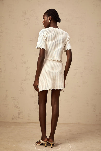 Maxanne cream-white ruffled pointelle-knit top & skirt matching set