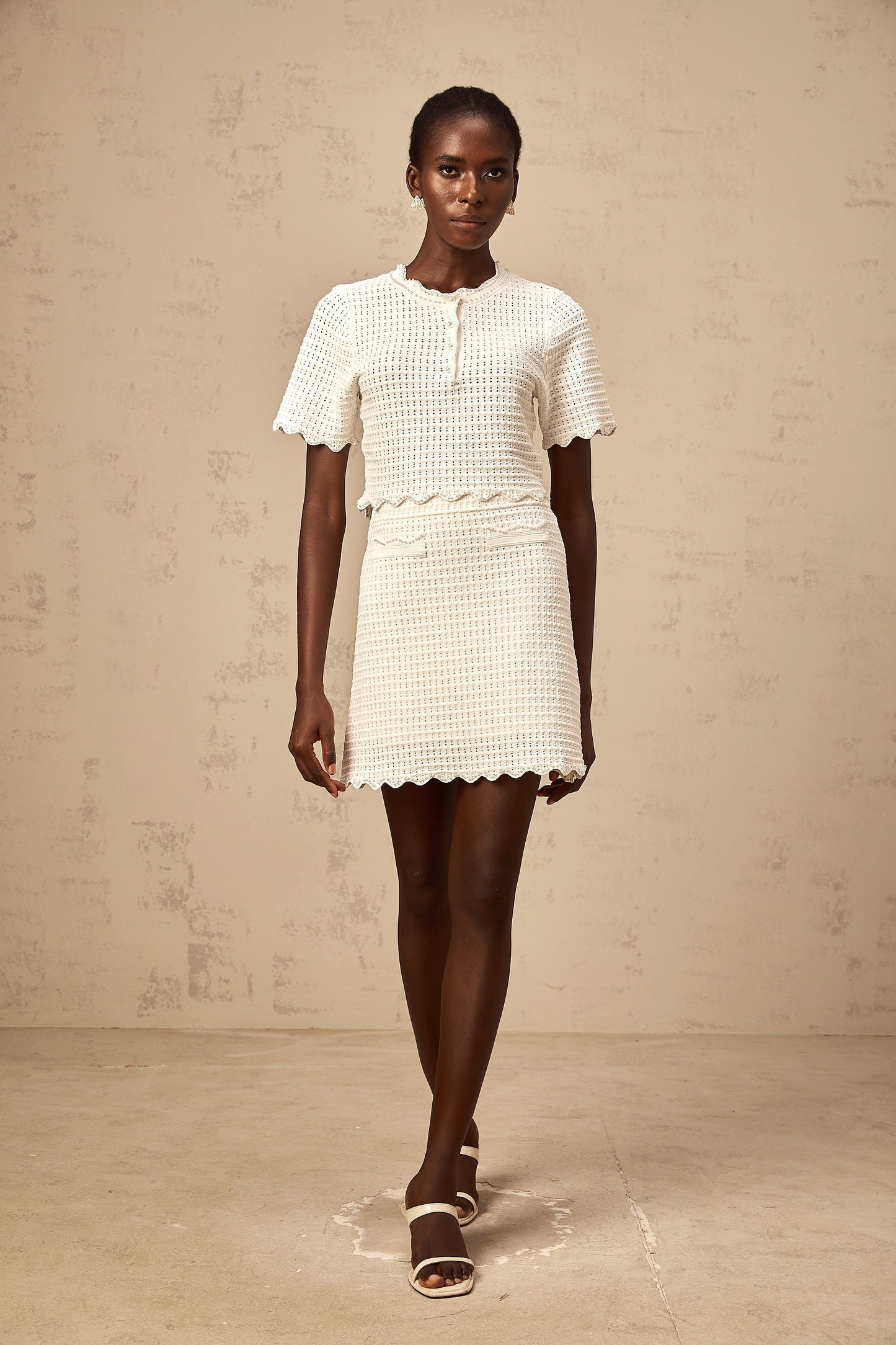 Maxanne cream-white ruffled pointelle-knit top & skirt matching set