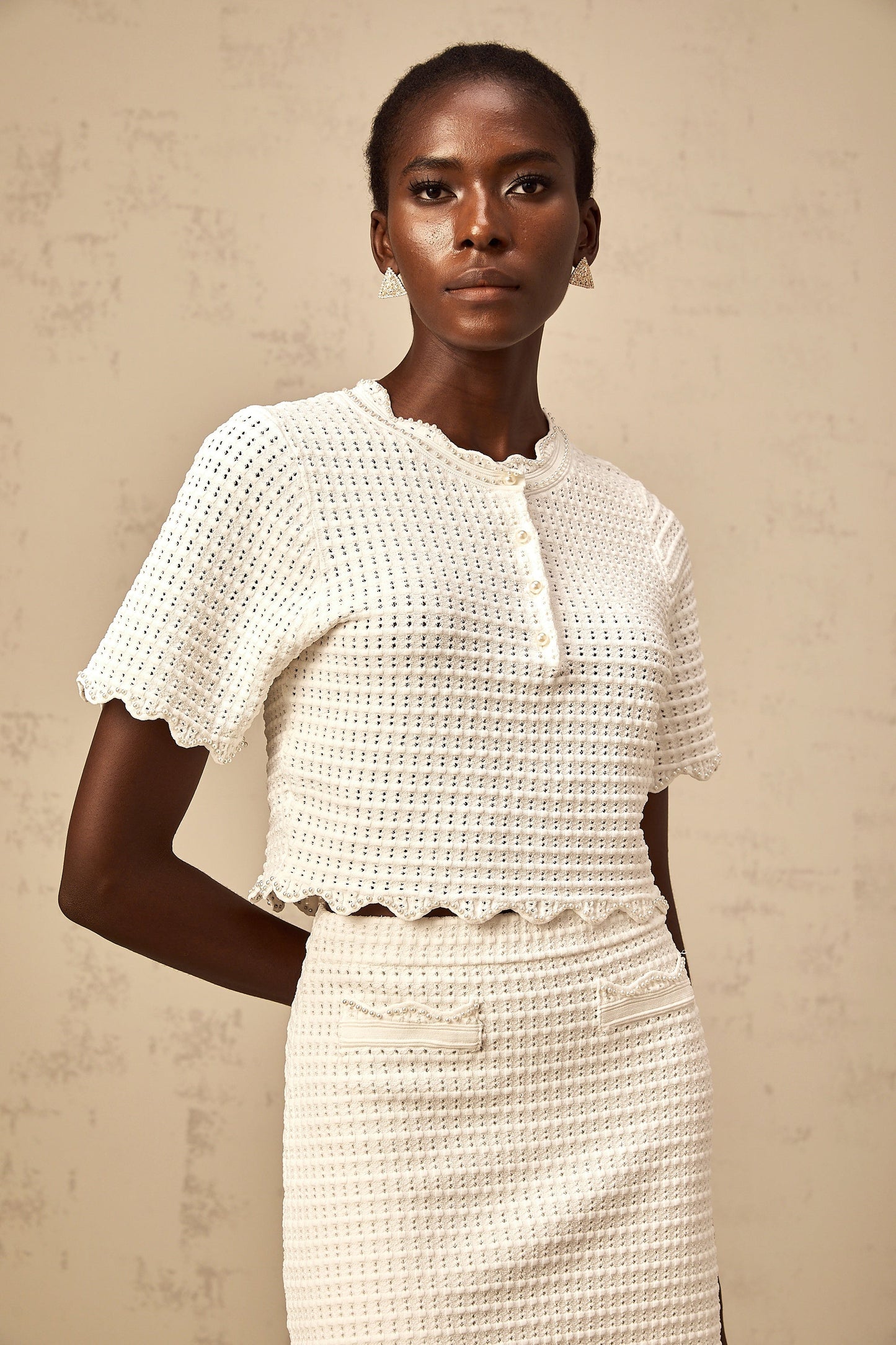 Maxanne cream-white ruffled pointelle-knit top & skirt matching set