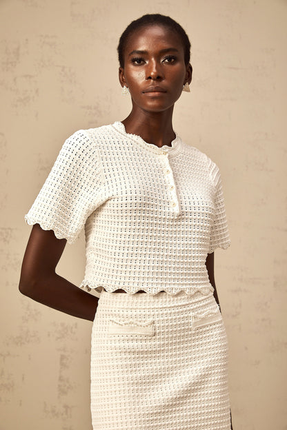 Maxanne cream-white ruffled pointelle-knit top & skirt matching set