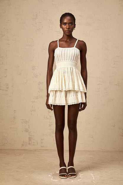 Oriane cream-white shirred crochet-knit top & culottes matching set
