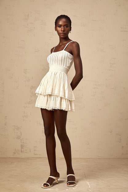 Oriane cream-white shirred crochet-knit top & culottes matching set