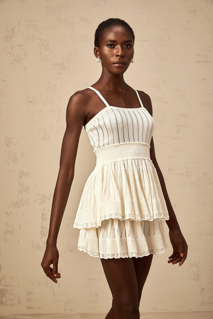 Oriane cream-white shirred crochet-knit top & culottes matching set