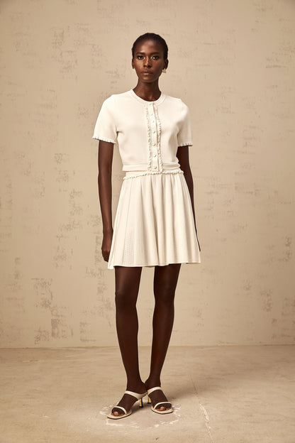 Zelda white ruffled-trim knit top & skirt matching set
