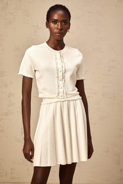 Zelda white ruffled-trim knit top & skirt matching set