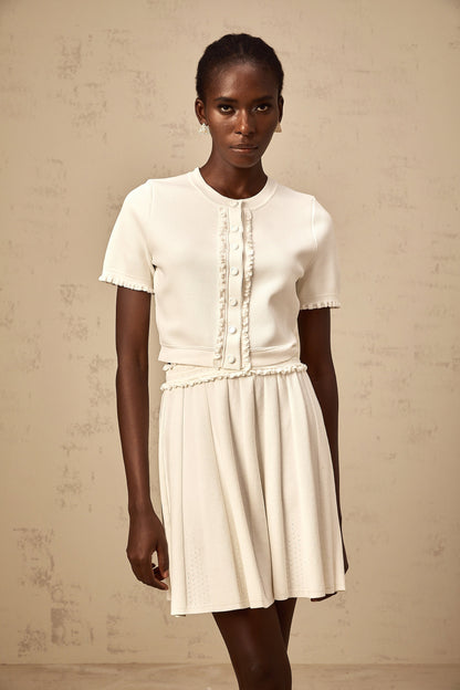 Zelda white ruffled-trim knit top & skirt matching set