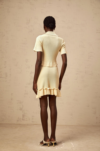 Reine yellow ruffled ribbed-knit top & skirt matching set