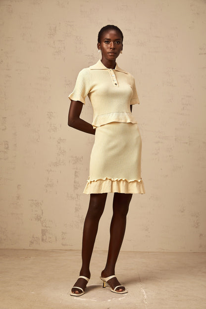 Reine yellow ruffled ribbed-knit top & skirt matching set