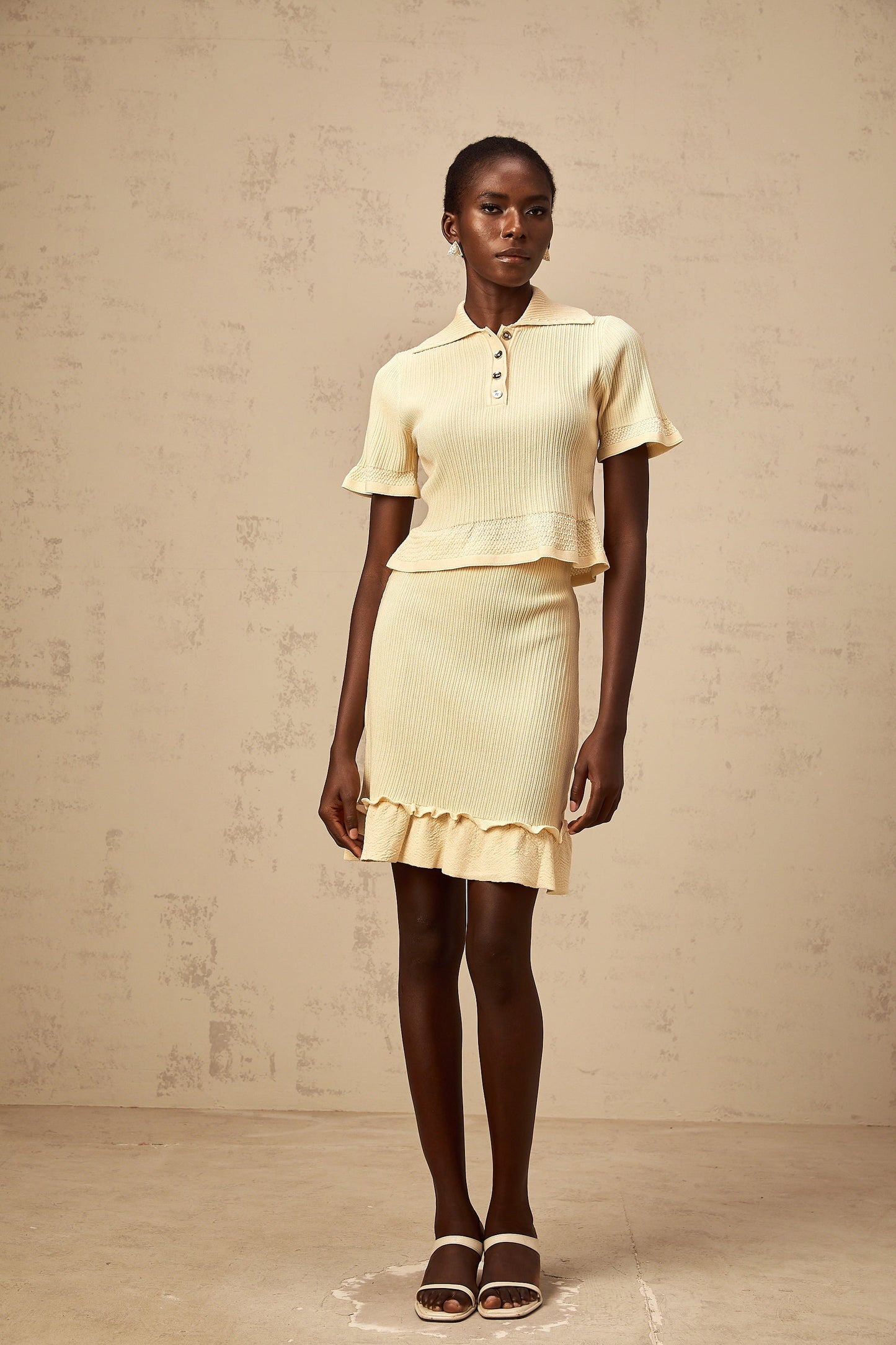 Reine yellow ruffled ribbed-knit top & skirt matching set