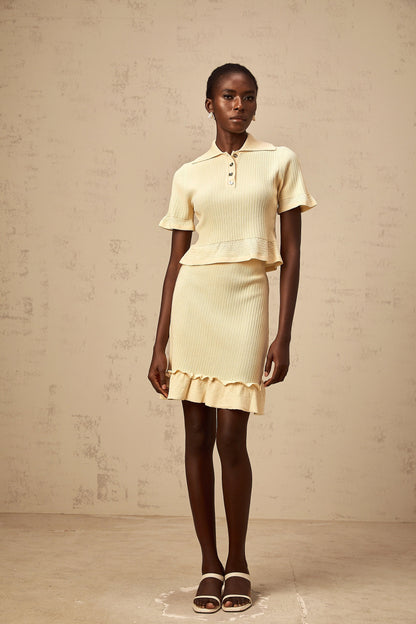 Reine yellow ruffled ribbed-knit top & skirt matching set