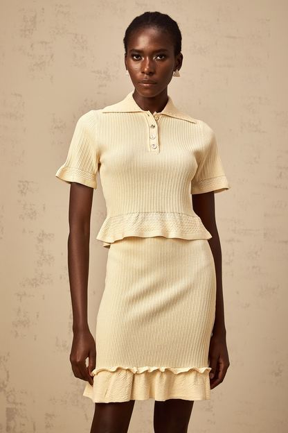 Reine yellow ruffled ribbed-knit top & skirt matching set