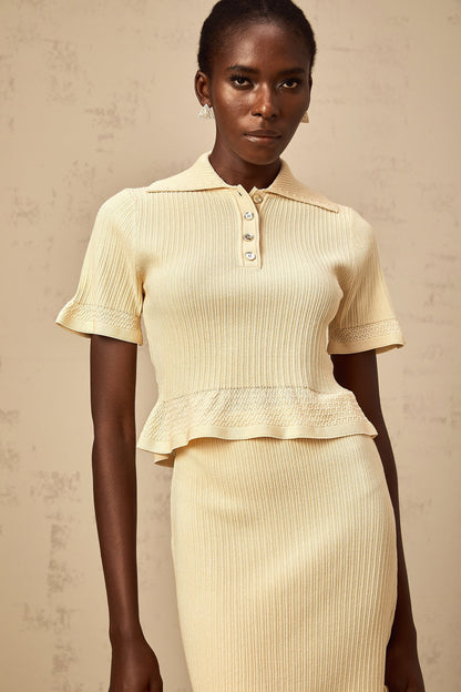 Reine yellow ruffled ribbed-knit top & skirt matching set