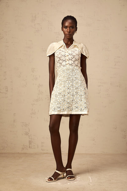 Wilhelmine cream embroidered panelled mini dress