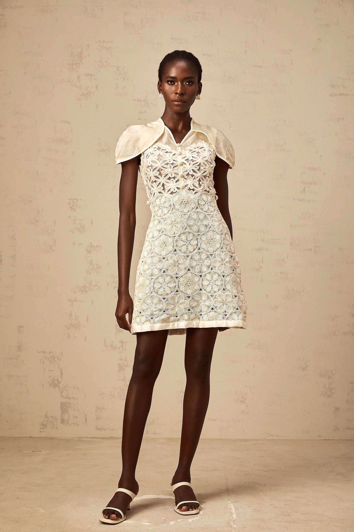 Wilhelmine cream embroidered panelled mini dress