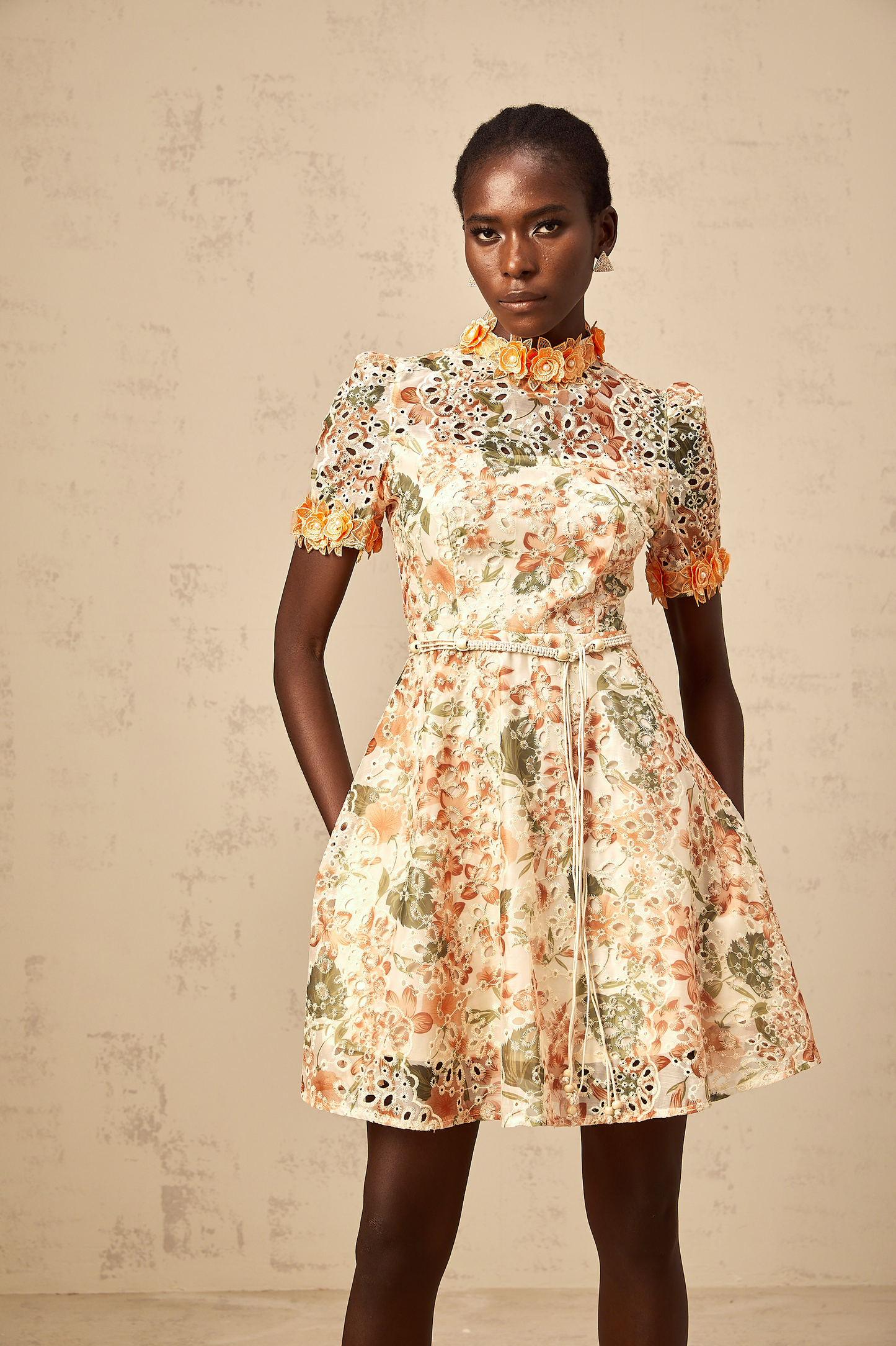 Lilou orange flower-embroidered embellished mini dress