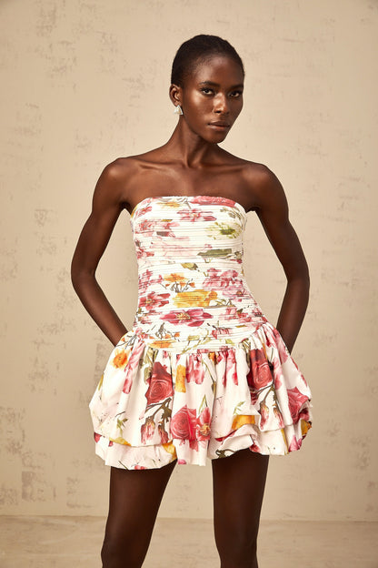 Inès pink floral-print smocked mini dress