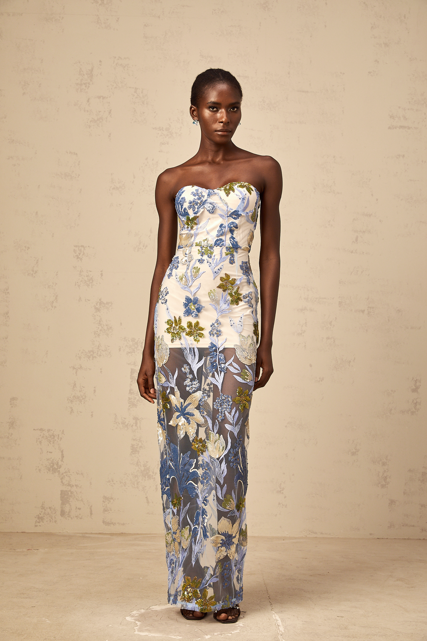 Patricia blue sequined flower-embroidered corset tulle maxi dress