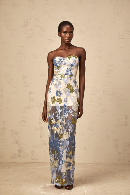 Patricia blue sequined flower-embroidered corset tulle maxi dress