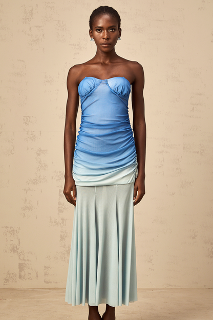 Océane blue gradient mesh midi dress