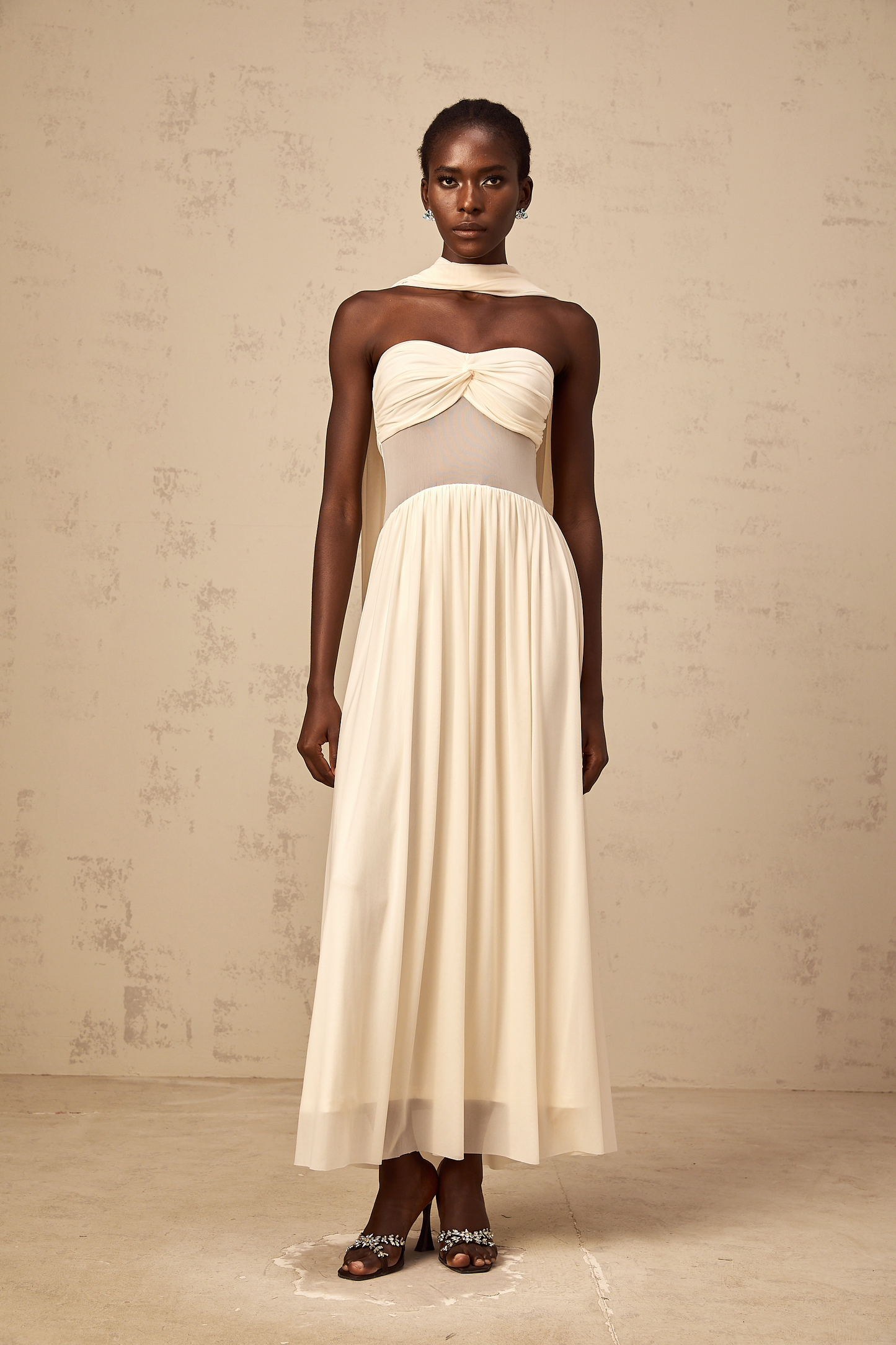 Héloïse neutrals scarf-design mesh midi dress