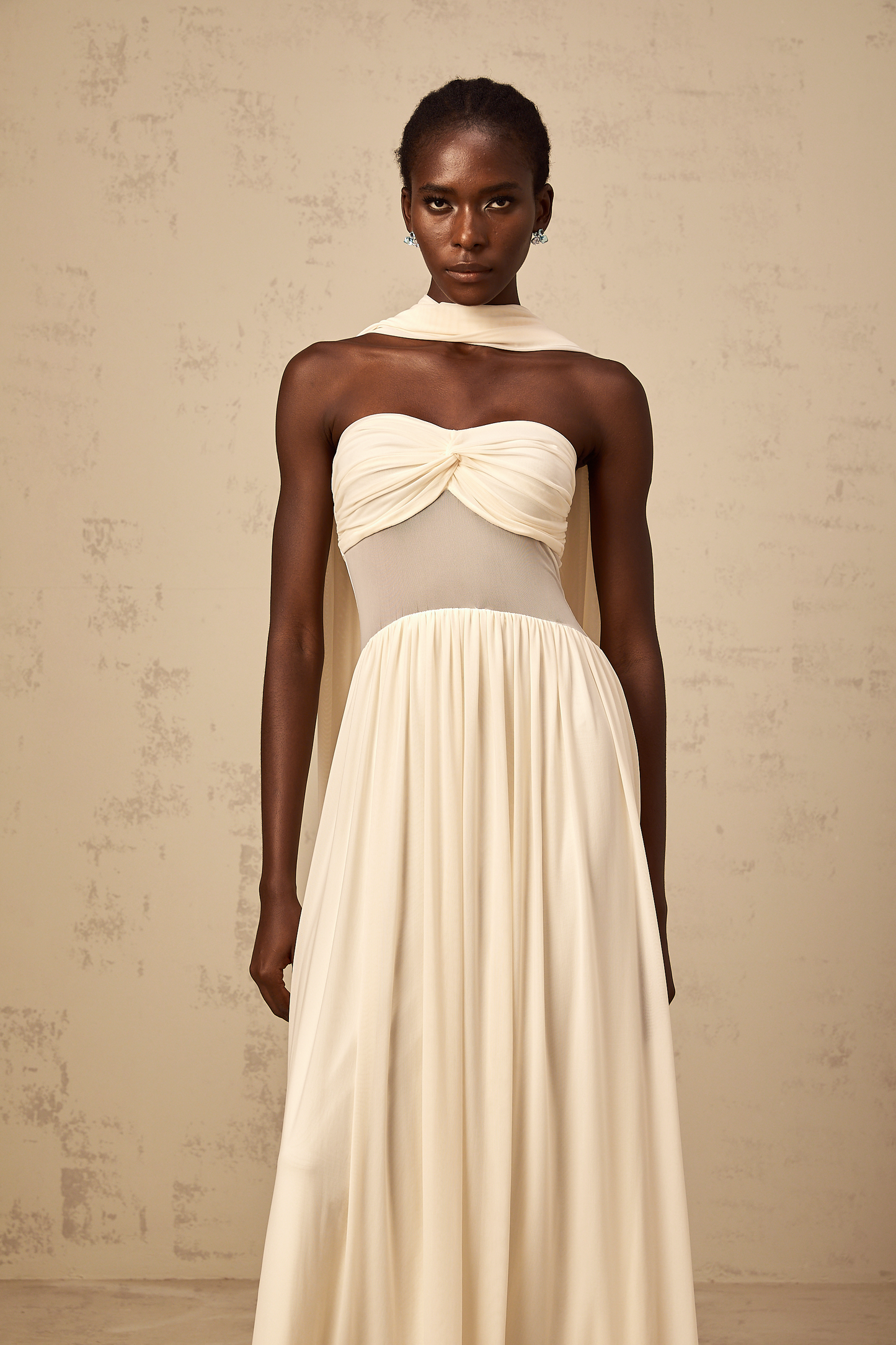 Héloïse neutrals scarf-design mesh midi dress