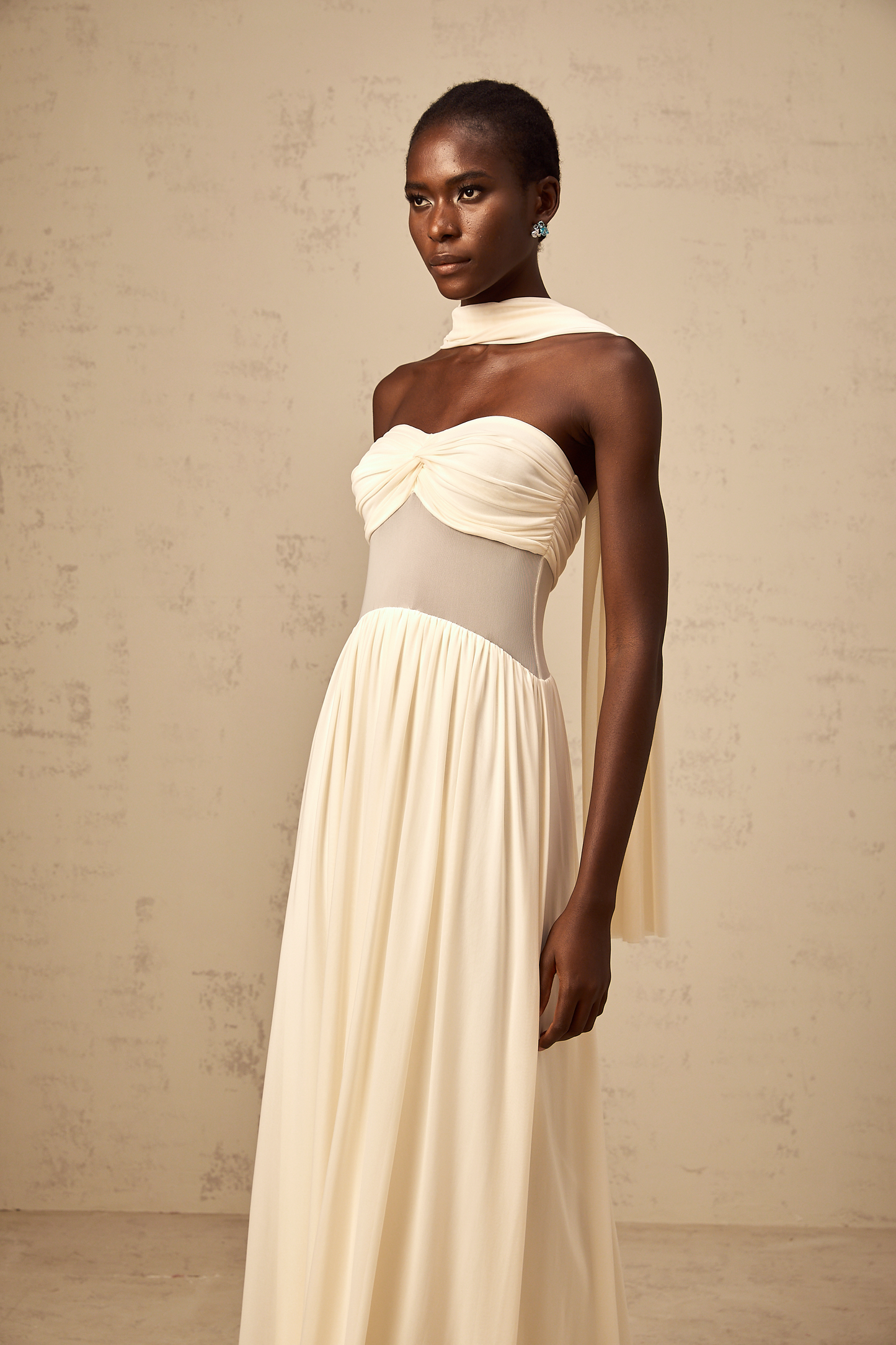 Héloïse neutrals scarf-design mesh midi dress