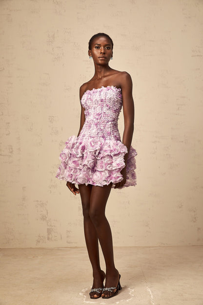 Mylène purple 3D-petal tiered tulle mini dress
