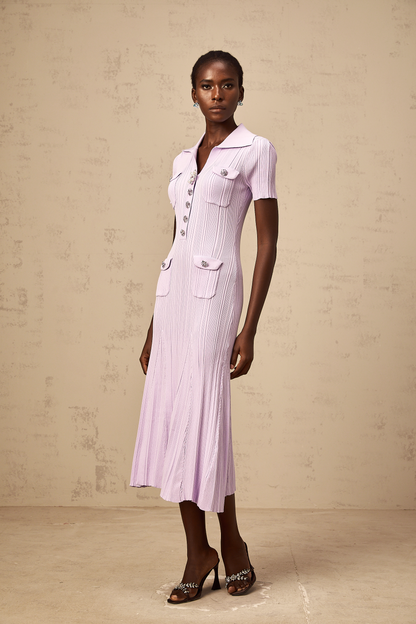 Céleste purple flared-hem rib-knit midi dress
