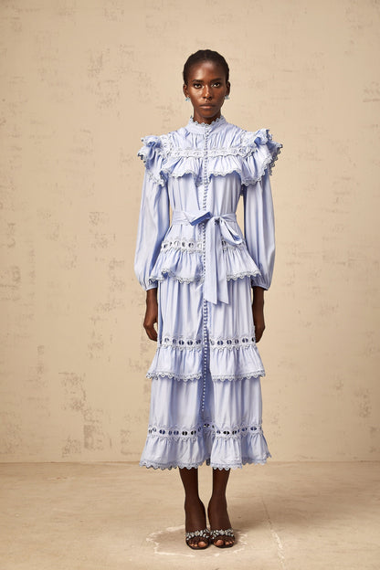 Véronique blue lace-trim tiered midi dress