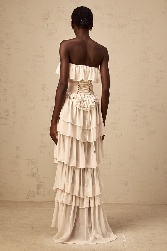 Airelle beige off-shoulder tiered corset & dress matching set