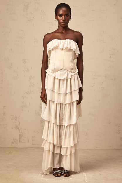 Airelle beige off-shoulder tiered corset & dress matching set