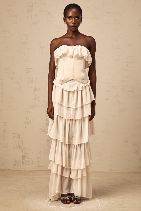 Airelle beige off-shoulder tiered corset & dress matching set