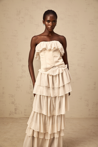 Airelle beige off-shoulder tiered corset & dress matching set