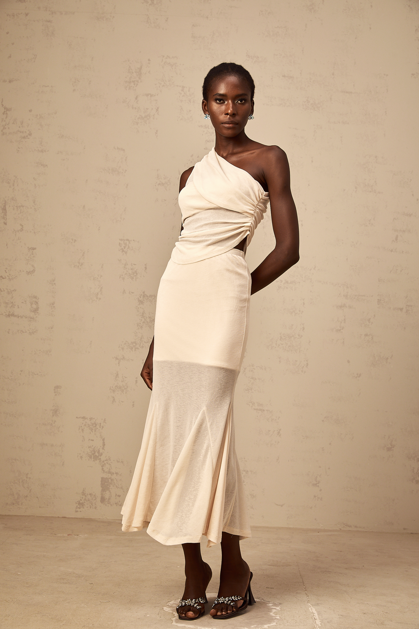 Gwenaëlle neutrals stretch ruched top & skirt matching set