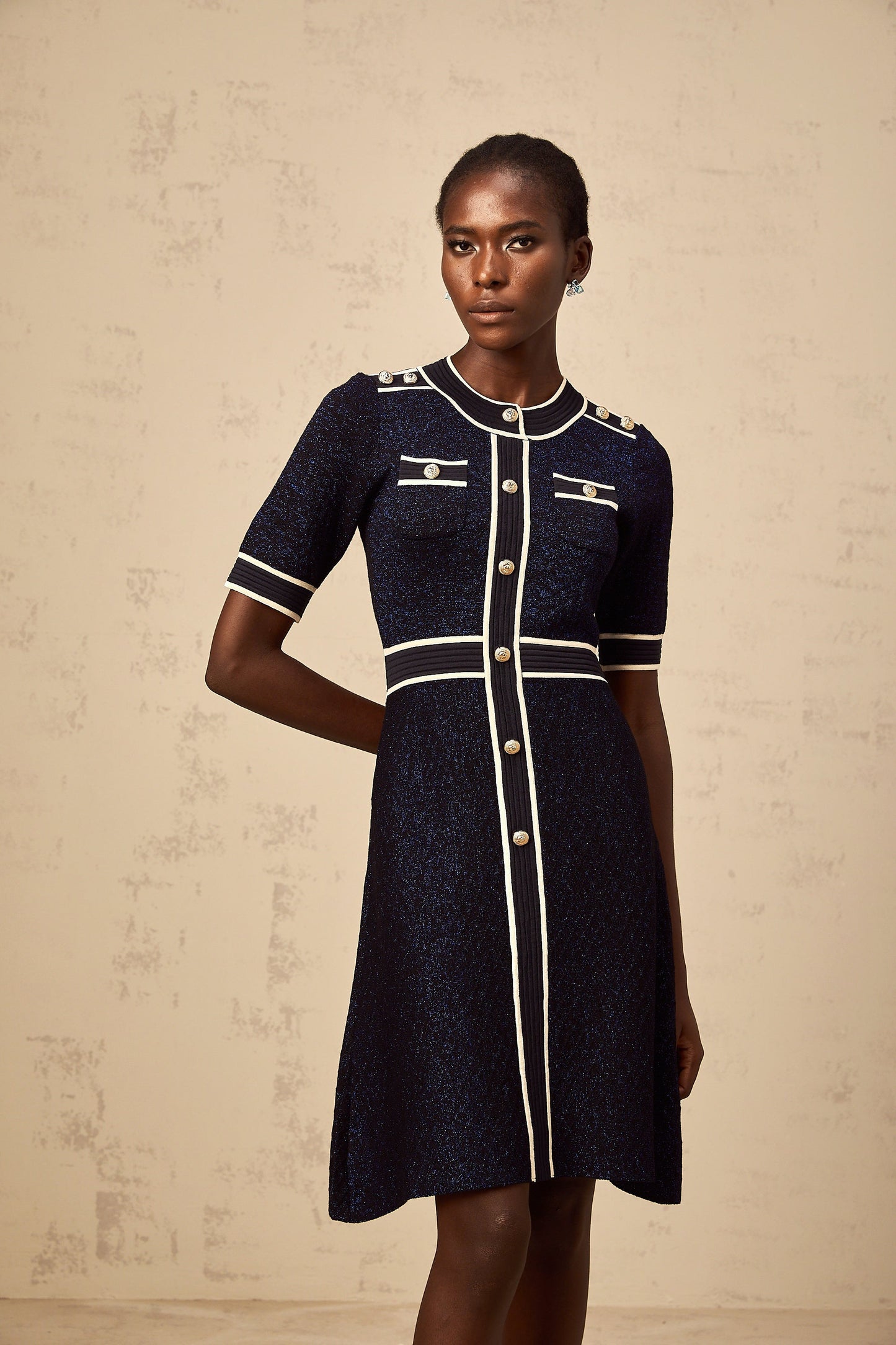 Paulette navy-blue glitter knit mini dress