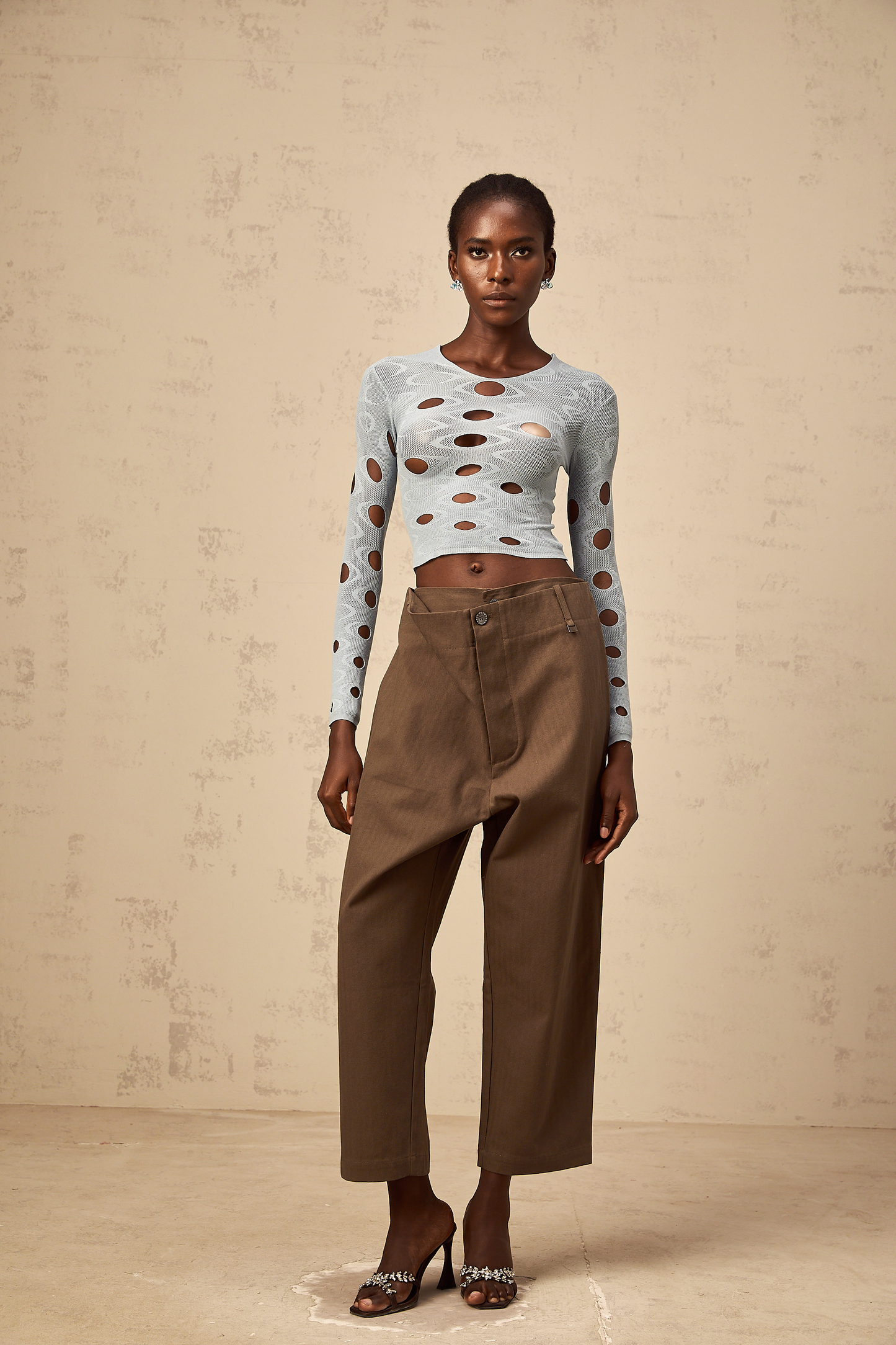 Ophélie brown wide-leg shirred cropped trousers
