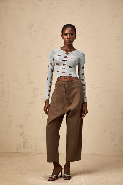 Ophélie brown wide-leg shirred cropped trousers