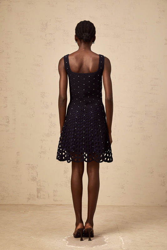 Edelie dark-blue embellished cut-out crochet-knit mini dress