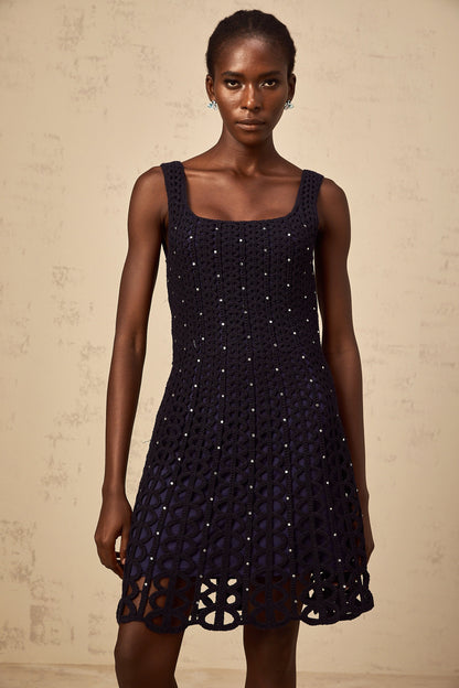 Edelie dark-blue embellished cut-out crochet-knit mini dress