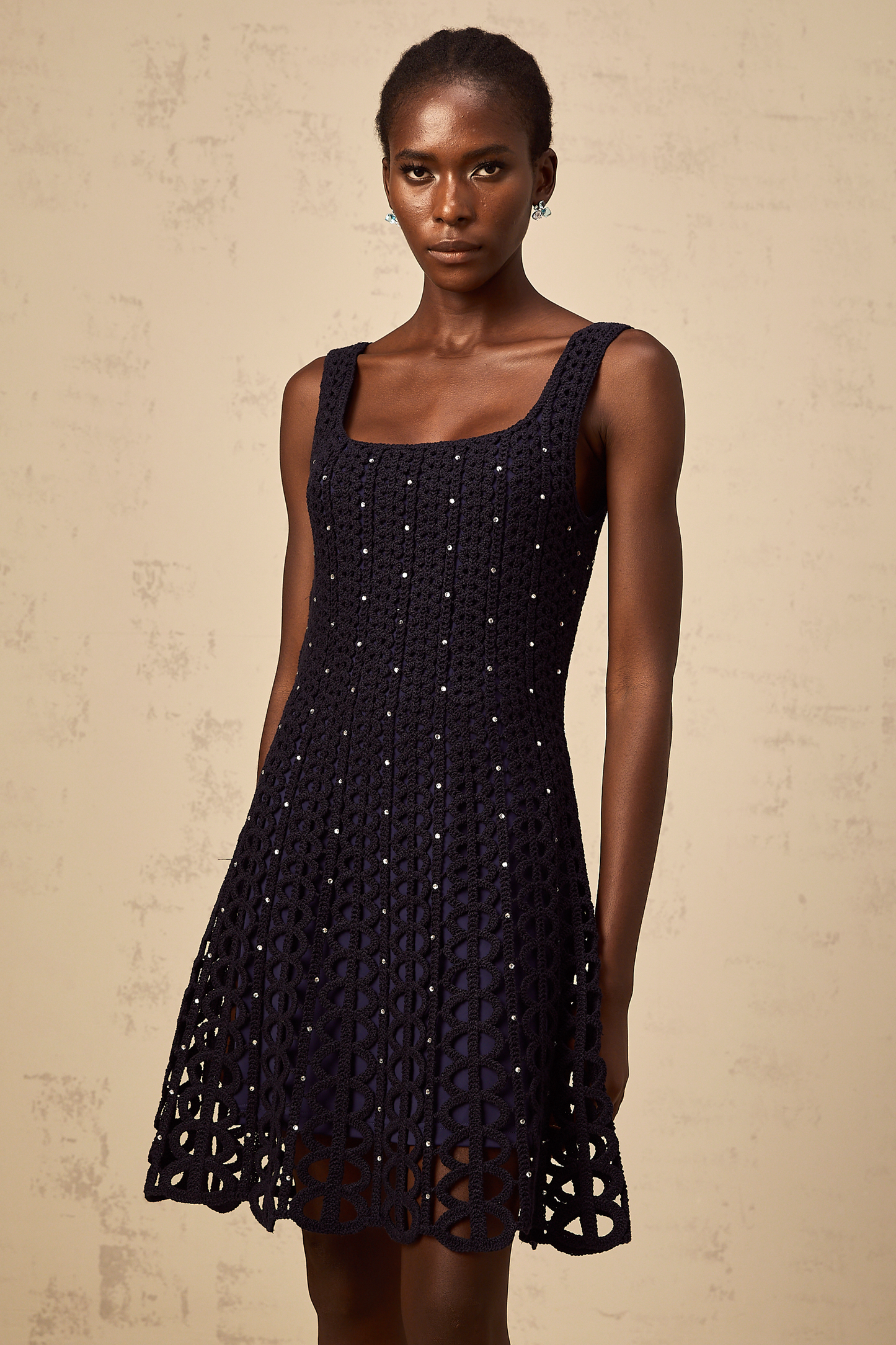 Edelie dark-blue embellished cut-out crochet-knit mini dress