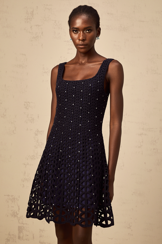 Edelie dark-blue embellished cut-out crochet-knit mini dress