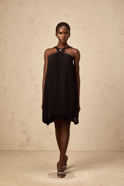 Zelda black bowknot pleated mini dress