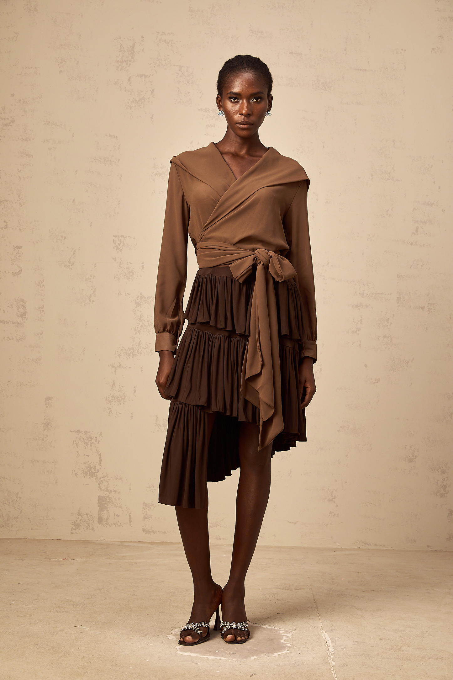 Amandine brown semi-sheer hooded wrap top