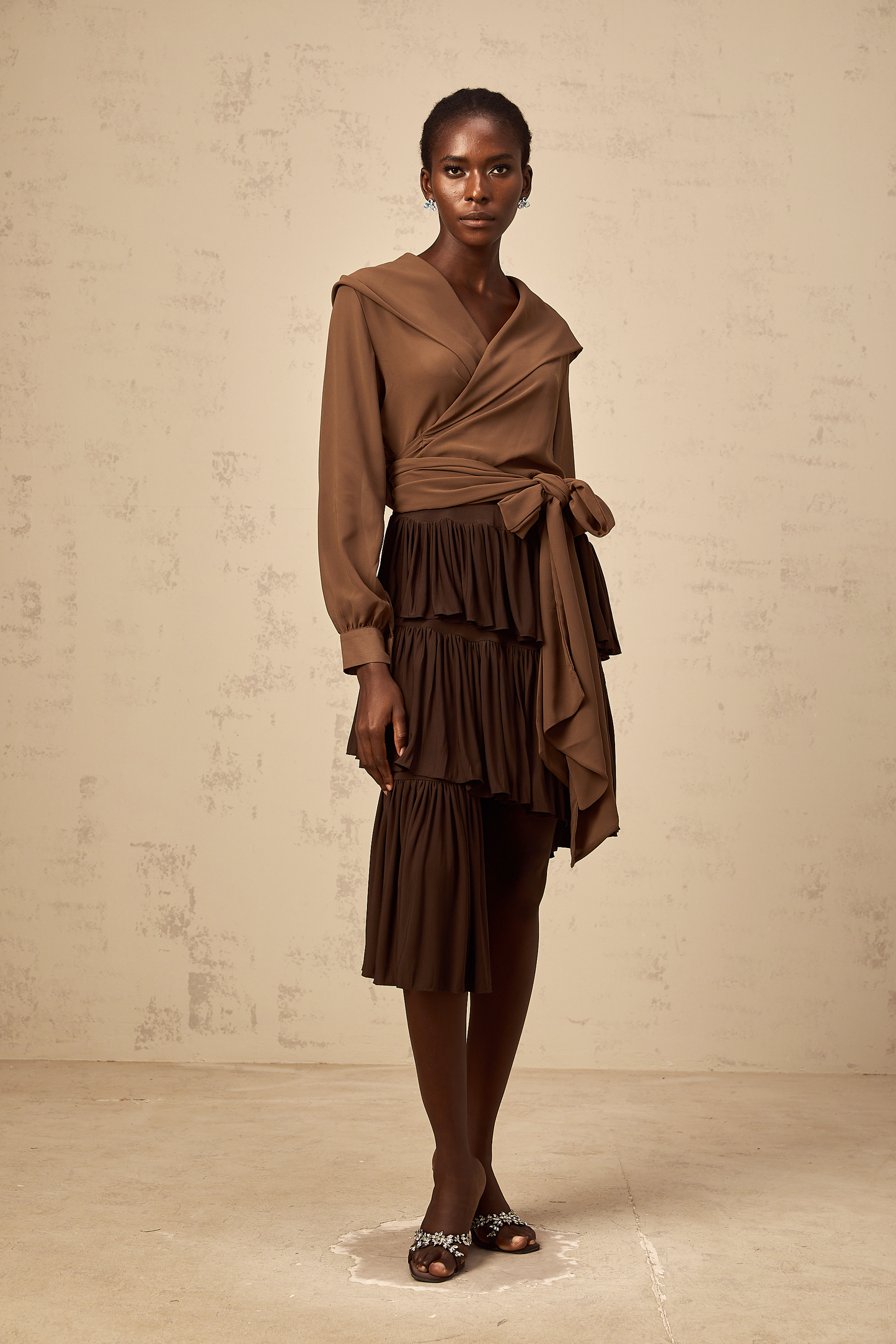 Amandine brown semi-sheer hooded wrap top