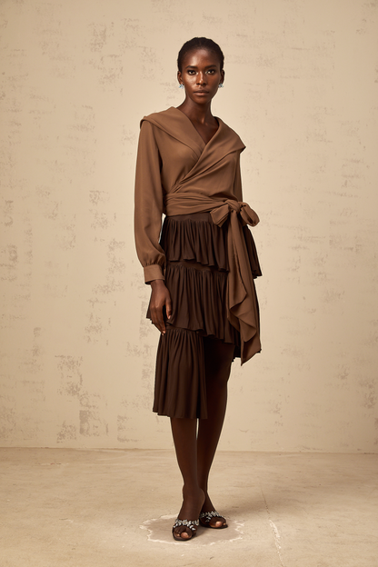 Amandine brown semi-sheer hooded wrap top