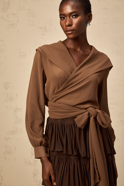 Amandine brown semi-sheer hooded wrap top