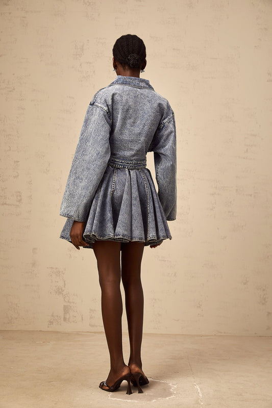 Doriane blue shirred denim mini skirt