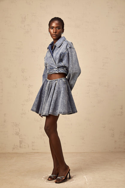 Doriane blue shirred denim mini skirt